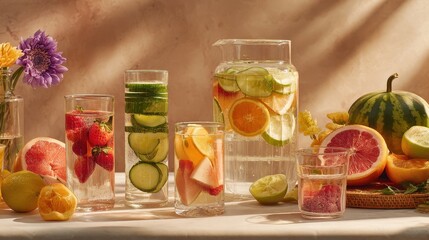 Refreshing Infused Water Display - Colorful Fruits, Glassware, and Natural Light Composition.