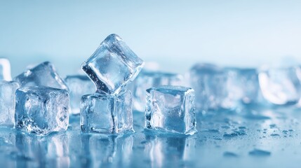 Icy Cascade - Sparkling Ice Cubes on a Reflective Surface, Cool Blue Tones.