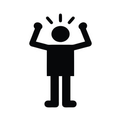 Excited Stick Figure Icon with Raised Arms and Radiating Lines, Black Glyph Symbol, Isolated on White Background                                      
