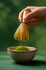 Hand holding a bamboo whisk and Matcha powder in ceramic bowl for Japanese drink. traditional ceremony, healthy beverage, organic tea