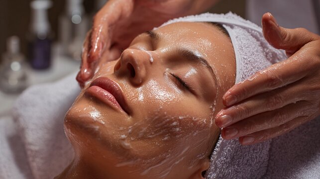 Close up of woman receiving moisturizing facial treatment in spa setting