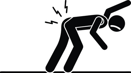 Stick Figure Experiencing Lower Back Pain with Lightning Bolt Illustration - Black and White Vector                                                   