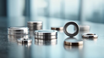 Precision Metal Washers - Close-Up of Silver and Gold Components on a Reflective Surface.