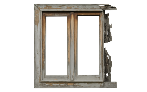 Weathered window frame with dark interior on black background
