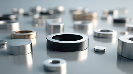 Macro Shot of Metallic Washers and Cylinders, Shallow Depth of Field, Industrial Design.