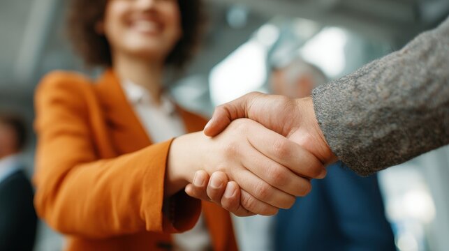 Young woman observes two businessmen shaking hands in an office