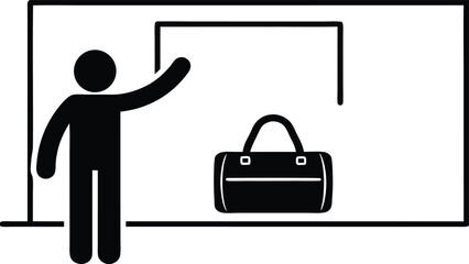 Simple Graphic of a Person Presenting a Handbag on a Whiteboard, Black and White Design                                                               