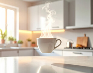 Magical levitating coffee cup with swirling aromatic steam floats in bright kitchen with elegant morning light. serene and peaceful start to day with hot beverage