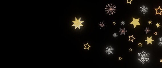 Elegant Christmas or winter background with gold stars and snowflakes on a black background. Perfect for holiday cards, websites, and more.