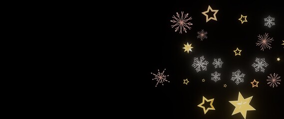Beautiful festive background with gold stars and snowflakes on a black background. Perfect for holiday designs.