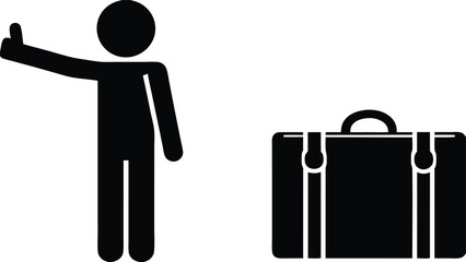 Hitchhiker Pictogram with Suitcase, Black and White Simple Silhouette Graphic on Isolated White Background - Icon for Travel and Transportation       