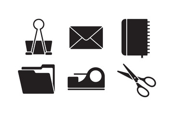 Black silhouette icons of office supplies and stationery