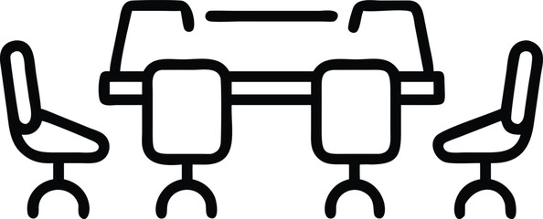 Simple Black and White Icon Illustration of Conference Room Table and Chairs, Meeting Setup.                                                          