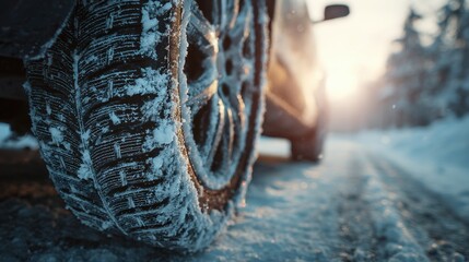 A snow-covered winter tire grips an icy road as soft sunlight glows in the background