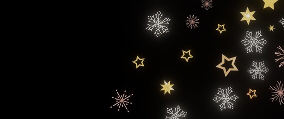 Beautiful winter background with gold stars and snowflakes on a black background. Perfect for Christmas, New Year, and winter holiday designs.