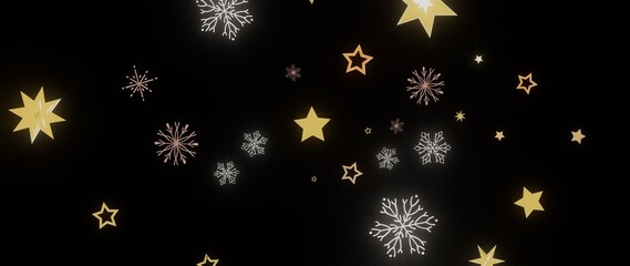 Beautiful winter holiday background with gold stars and snowflakes on black. Perfect for Christmas, New Year, and winter themes.