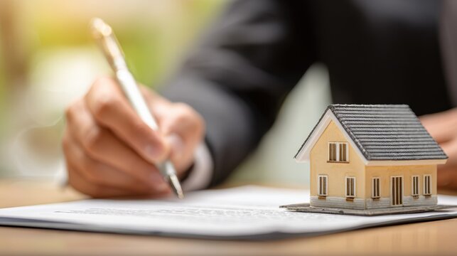 A real estate agent demonstrates a house model with a pen and discusses contracts rentals purchases mortgages loans or insurance