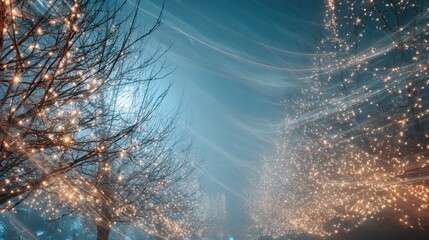 Ethereal Light Trails Through Winter Trees - A Dreamy Nightscape.