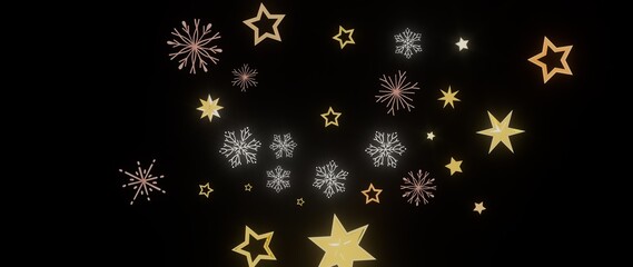 Beautiful winter holiday background with gold stars and snowflakes on black. Perfect for Christmas, New Year, and winter themes.