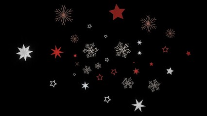 Festive winter background with red and white stars and snowflakes on a black background. Perfect for Christmas or New Year's designs.