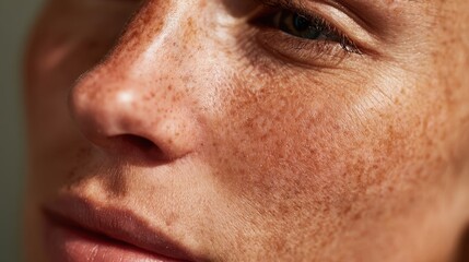 Fototapeta premium Detailed shot of a person s cheek with dry skin and flakes highlighted by natural light to stress the importance of skincare