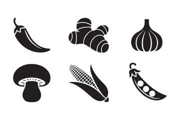 Six stylized black silhouettes of fresh vegetables and spices