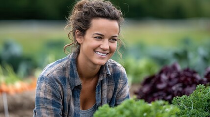 A cheerful woman tending to her vegetable garden, surrounded by fresh greens and colorful produce. Ideal for agriculture and wellness themes.