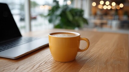 A vibrant yellow coffee mug sits on a wooden table next to a laptop, creating a cozy workspace atmosphere with blurred background lights.