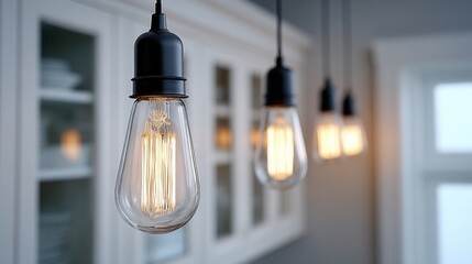 A close-up view of vintage-style pendant lights illuminating a contemporary kitchen, creating a warm and inviting atmosphere.