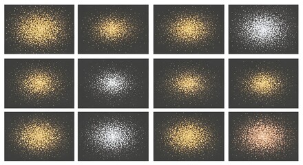 Collection of sparkling golden and silver abstract explosions on black background