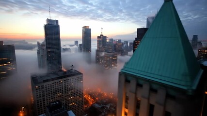 City skyscrapers rising above dense fog urban landscape atmospheric view at dawn or dusk modern skyline - Powered by Adobe
