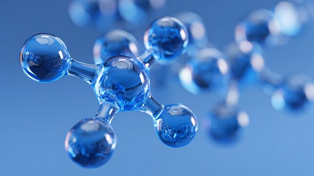 Close-up of blue molecular structure model with reflective spheres and connectors