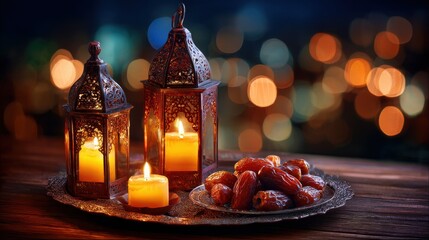 Decorative Arabic lanterns lit at night with candles A plate of dates on the table A festive card inviting to the Ramadan Kareem celebration Background for an Iftar meal