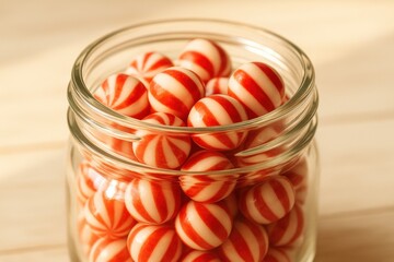 A glass jar is filled with red and white striped peppermint candies glowing in warm light. The image conveys a concept of holiday sweetness, nostalgia and festive seasonal treats