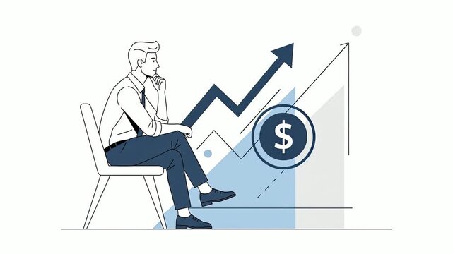 Businessman Analyzing Financial Growth Chart with Upward Arrow and Dollar Sign.