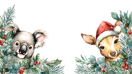 Funny Christmas animals peeking around corners watercolor clipart isolated on white background