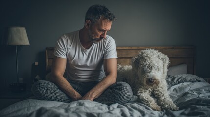 An anxious man sits on the bed upset after a disagreement with his wife due to their dog disrupting their intimate moment