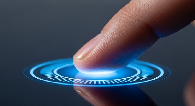 Close up of finger pressing on glowing blue circle on dark surface in technological futuristic concept exactly 120 characters