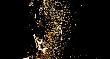 Obraz premium Abstract background featuring falling gold star confetti against a black backdrop, perfect for holidays, celebrations, and f