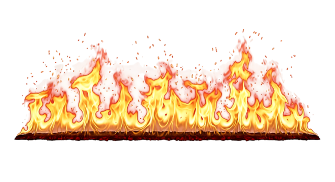 Burning fire flames on ground with sparks isolated on transparent background
