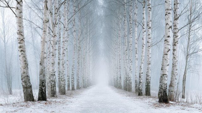 A snowy path leads through tall birch trees fading softly into a misty winter forest - Powered by Adobe