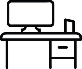 Minimalist Outline Illustration of a Computer Desk with Drawer and Screen, isolated on white background.                                              