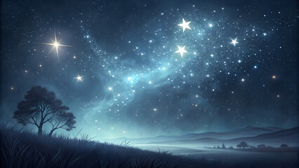 Starlight background with soft glimmers on dark canvas, ethereal and tranquil night sky with copy space, words + concept