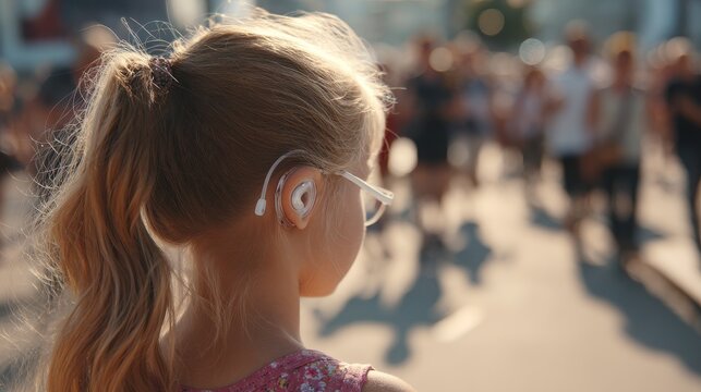 A child strolls on a summer street with a cochlear implant Embracing inclusion and modern hearing loss treatments Room for text