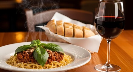 Delicious Spaghetti Bolognese with Basil, Bread, and Red Wine A Culinary Delight