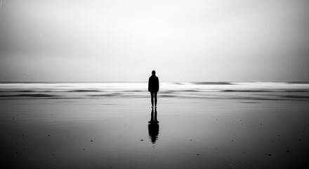 A lonely silhouette of a person stands on a wet, reflective beach, gazing at the calm, blurry ocean in a moody, minimalist black and white long exposure landscape