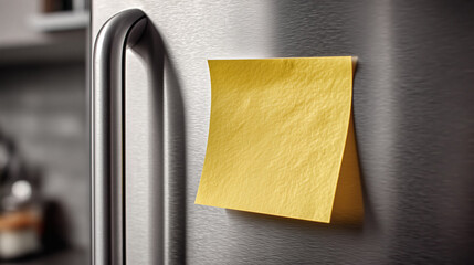 Bright yellow sticky note attached to a modern stainless steel refrigerator door reminders