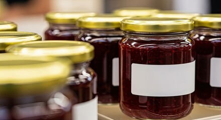Close-up of homemade berry jam in glass jars with golden lids and blank white labels, arranged in neat rows, showcasing artisanal food production with a shallow depth of field