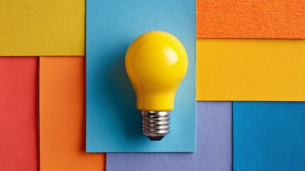 Yellow light bulb on colorful layered paper background with soft lighting