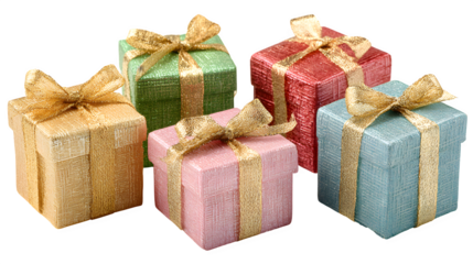 Gift boxes in gold, green, pink, red, and blue color palette isolated on white background